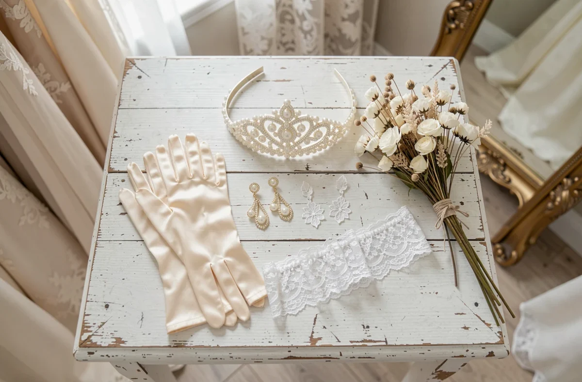 Accessoires de mariage disposés en flat-lay dans une boutique de robe de mariée à Montpellier