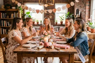 Groupe d'amies réunies autour d'une table pour une activité EVJF à la maison avec décorations et verres de rosé