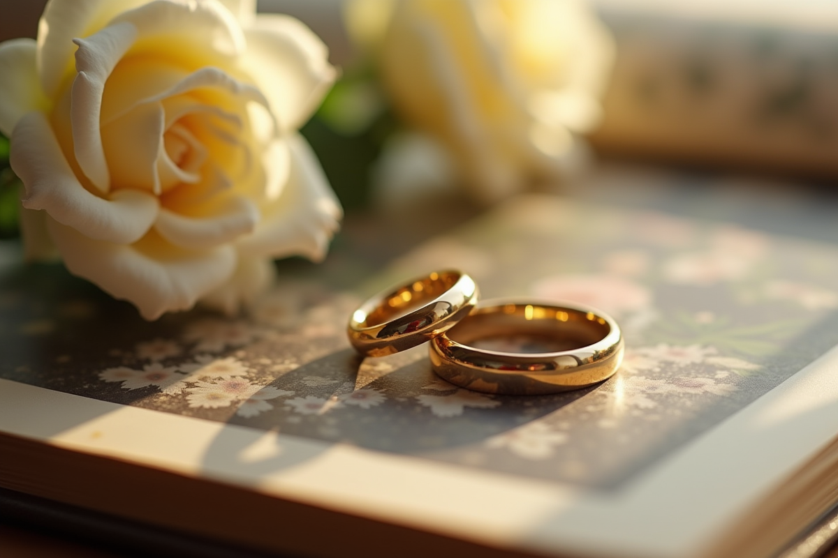 Alliances en or sur un album photo vintage avec des roses blanches