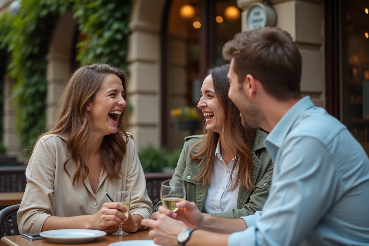 Groupe d'amis animés autour d'une table de terrasse discutant de rumeurs de mariage avec des expressions complices