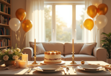Salon décoré pour anniversaire de mariage avec ballons dorés et blancs