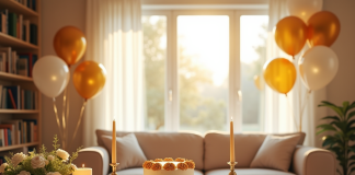 Salon décoré pour anniversaire de mariage avec ballons dorés et blancs