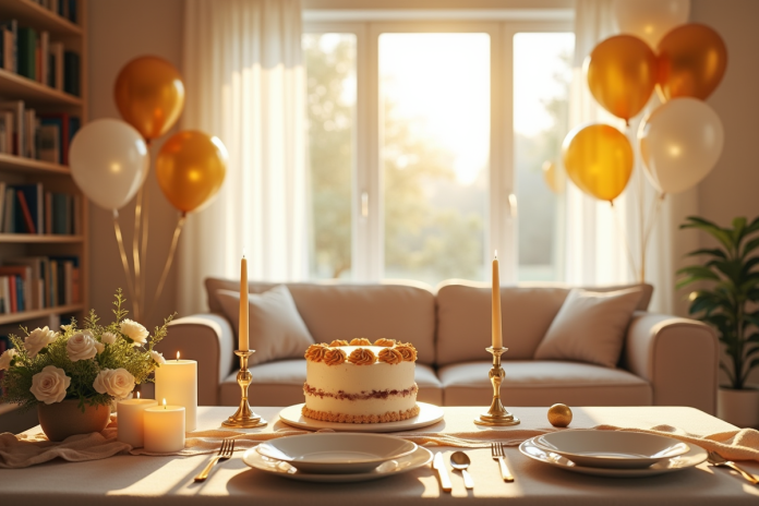 Salon décoré pour anniversaire de mariage avec ballons dorés et blancs