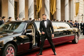 Homme en tuxedo sortant d'une limousine noire devant un gala prestigieux sur tapis rouge