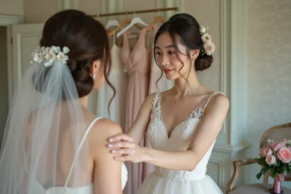 Jeune femme aidant la mariée à ajuster son voile dans une suite nuptiale