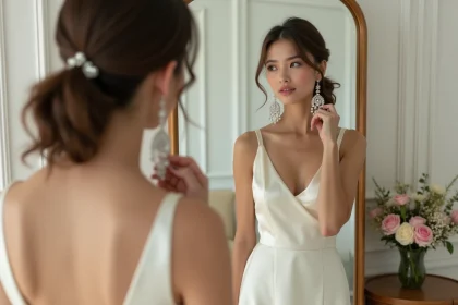 Mariée essayant de grandes boucles d'oreilles pendantes devant un miroir vintage, illustrant une erreur de style courante pour le mariage