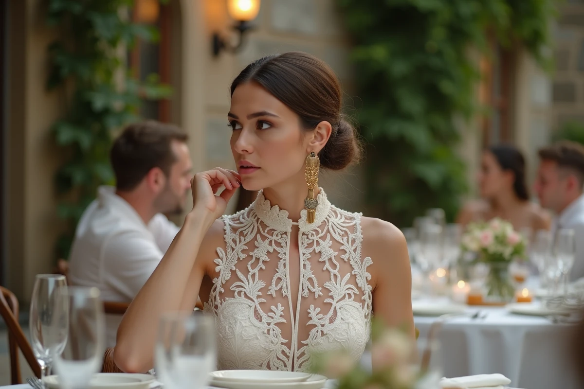 Femme en robe de mariée col haut portant des boucles d'oreilles pendantes volumineuses incompatibles avec le col en dentelle lors d'une réception en plein air