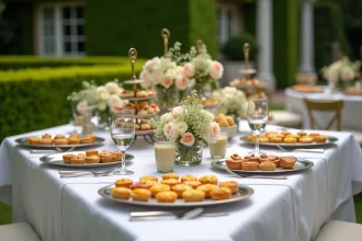 Table de buffet traiteur pour mariage avec charcuterie, canapés et desserts dans un jardin de château français