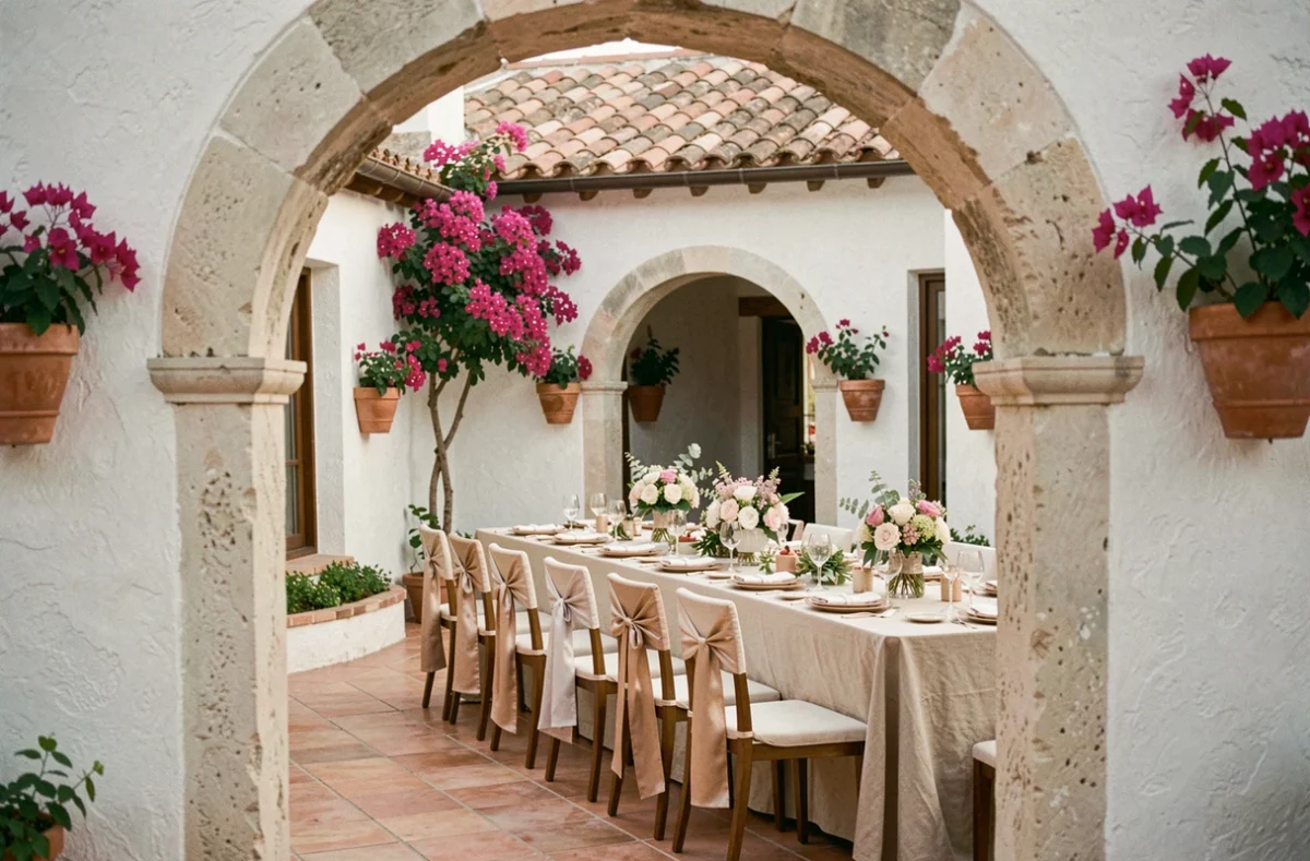 Casa Perla, cour intérieure décorée pour un mariage avec table de réception, bougainvilliers et architecture méditerranéenne en Provence