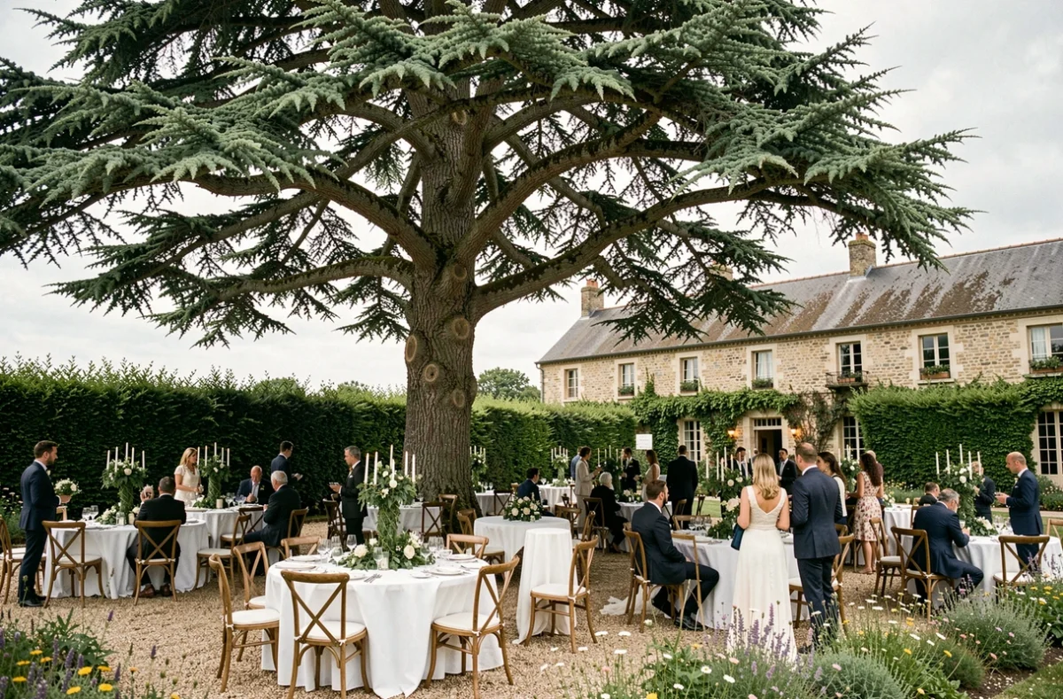 Cèdre et Charme en Indre-et-Loire avec réception de mariage en plein air sous le grand cèdre centenaire