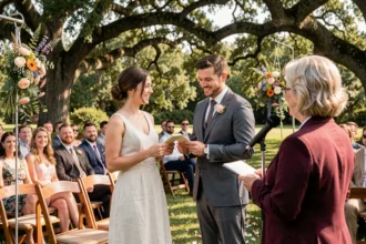 Couple échangeant des vœux lors d'une cérémonie laïque en plein air avec une officiante et des invités assis dans un jardin fleuri