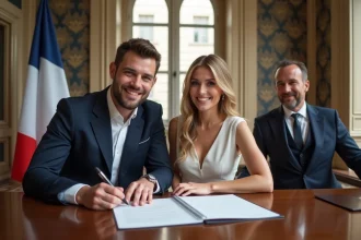 Couple signant les registres lors d'une cérémonie de mariage civil à la mairie