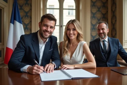 Couple signant les registres lors d'une cérémonie de mariage civil à la mairie