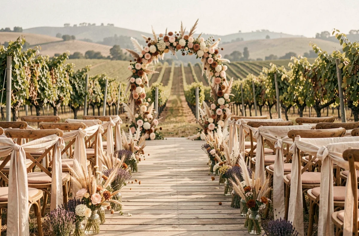 Cérémonie de mariage laïque en plein air dans un vignoble avec des compositions florales champêtres et une arche de fleurs