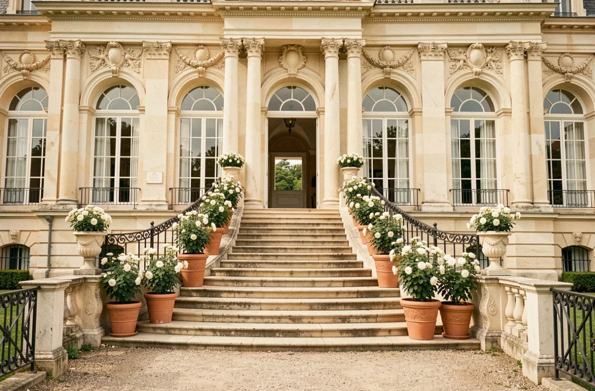Château d'Art-sur-Meurthe près de Nancy, demeure néoclassique du XIXe siècle avec colonnes et escalier d'honneur fleuri