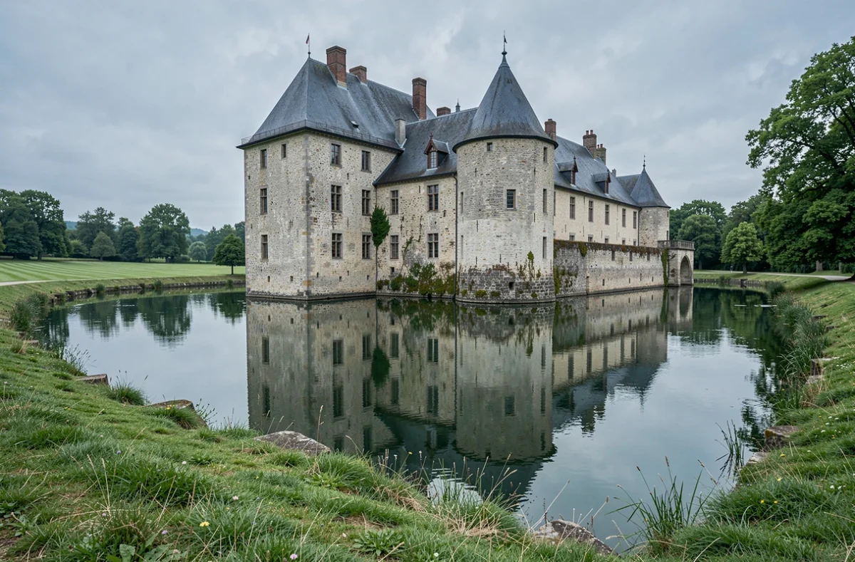 Château d'Autigny-la-Tour dans les Vosges, château médiéval à tours carrées se reflétant dans ses douves