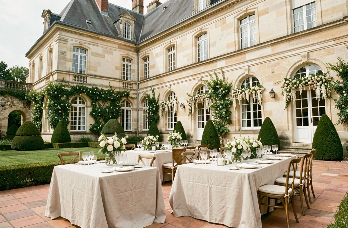 Château de Jallanges en Touraine avec sa façade en tuffeau et décoration florale pour un mariage élégant
