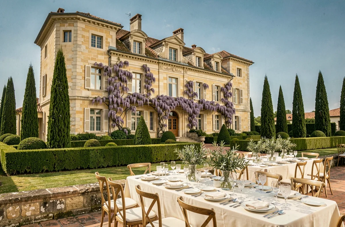 Château d'Estoublon en Provence, façade en pierre dorée entourée de cyprès et terrasse décorée pour un mariage en plein air
