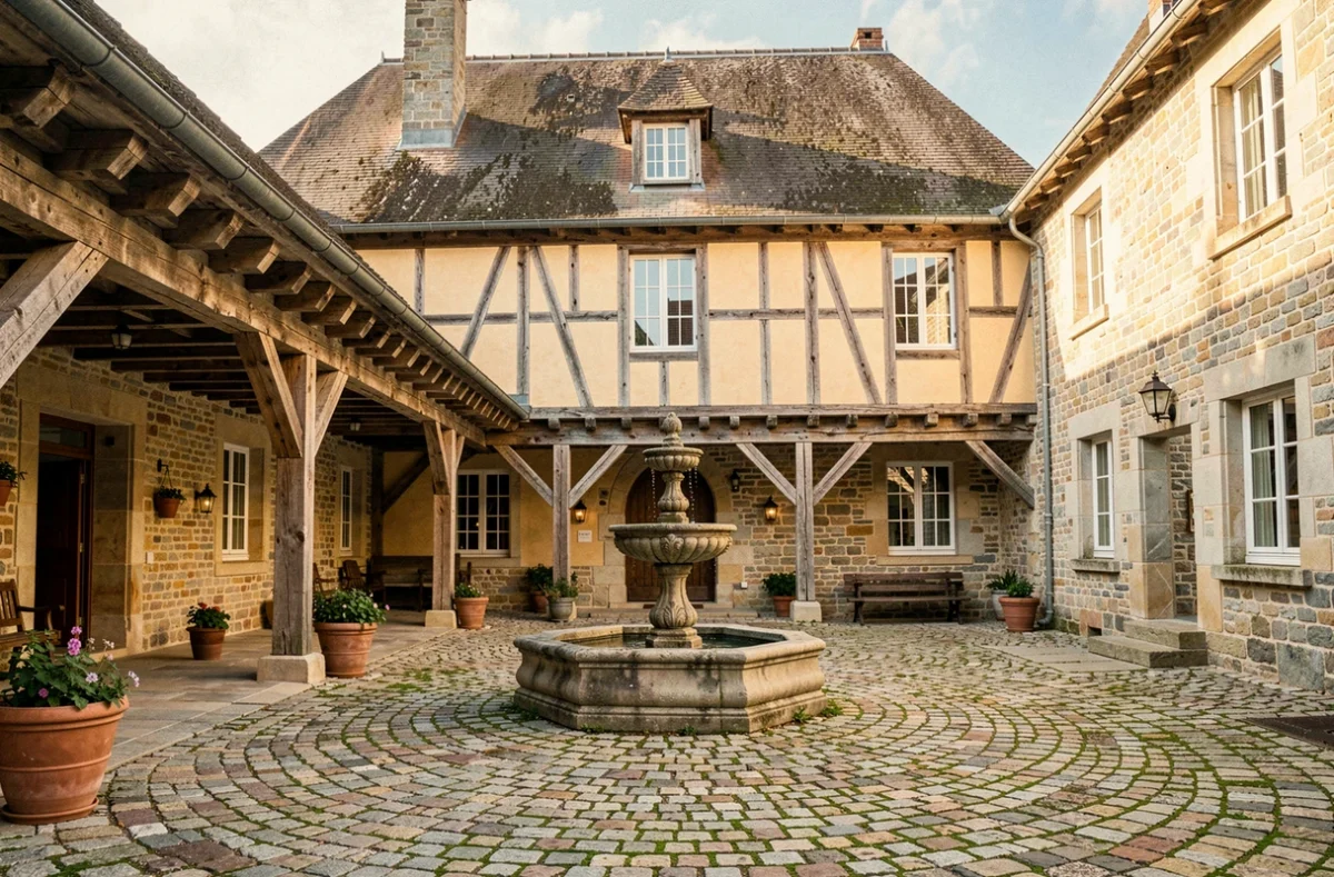 Château Ferme d'Aboncourt en Lorraine, ferme-château restaurée avec colombages et cour pavée typique