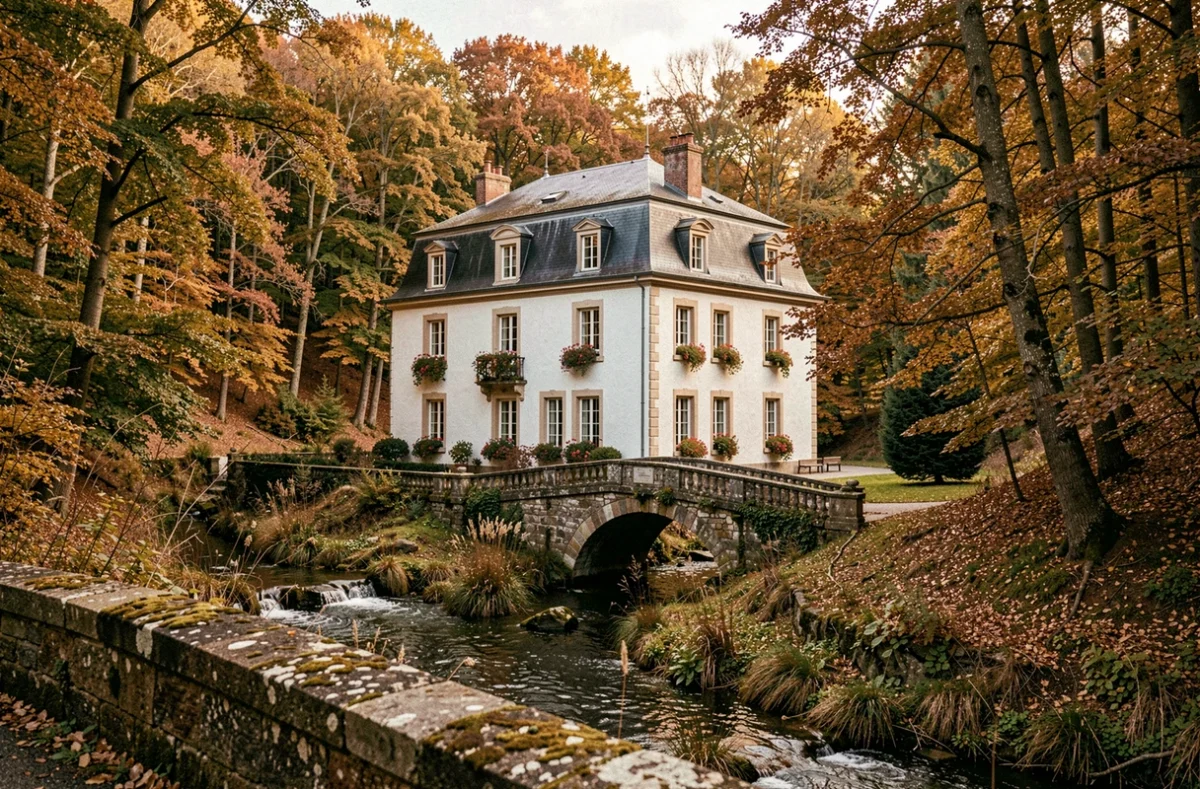 Château Le Risdoux en Ardennes, manoir aux murs blancs et toiture en ardoise au bord d'un ruisseau boisé