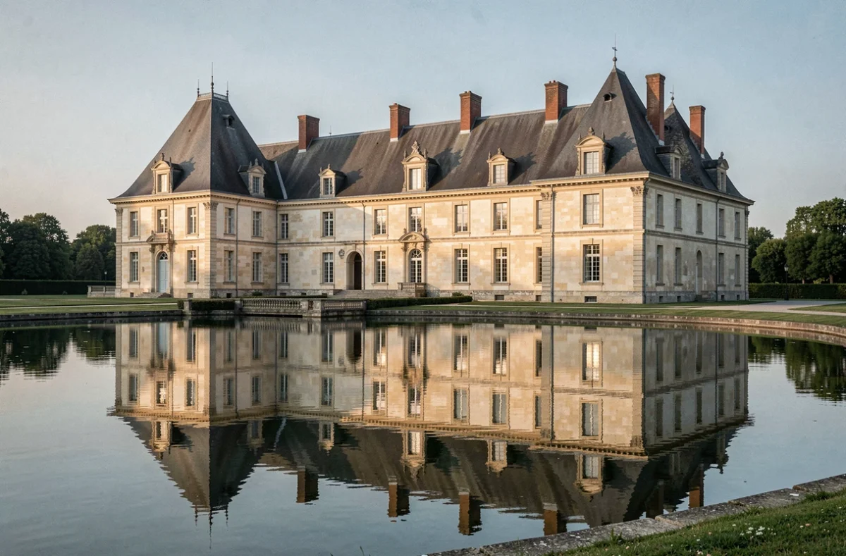 Château de Riaucourt en Haute-Marne, demeure du XVIIe siècle avec façade en pierre et pièce d'eau réfléchissante