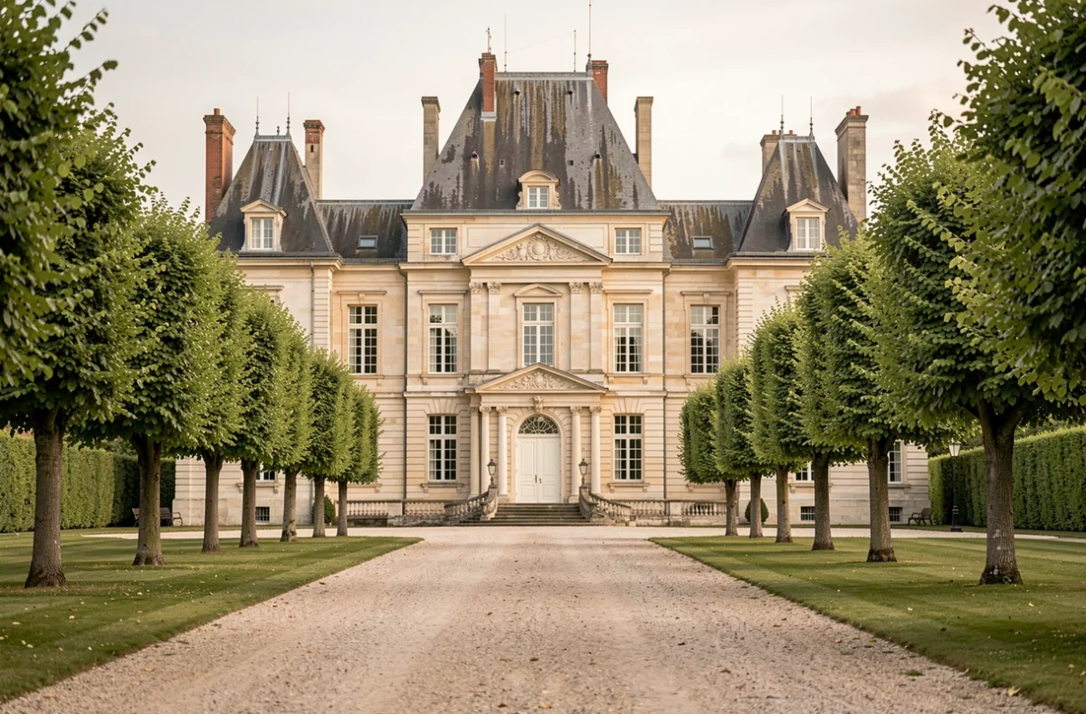 Château Vitry-la-Ville dans la Marne, château classique du XVIIIe siècle avec avant-cour gravillonnée et tilleuls taillés