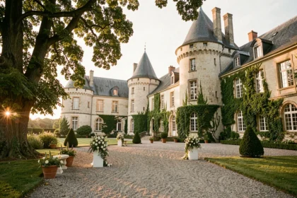Vue d'ensemble d'un château de mariage dans le Grand Est entouré de jardins fleuris