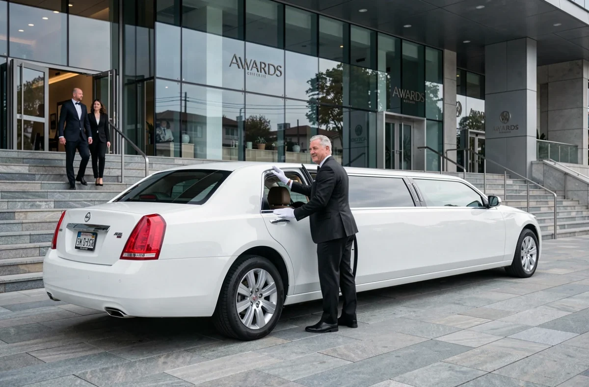Chauffeur en uniforme ouvrant la portière d'une limousine blanche devant une salle de remise de prix