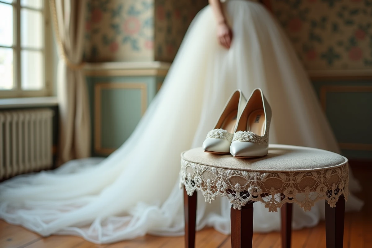 Paire de chaussures de mariée ivoire sur un tabouret en dentelle
