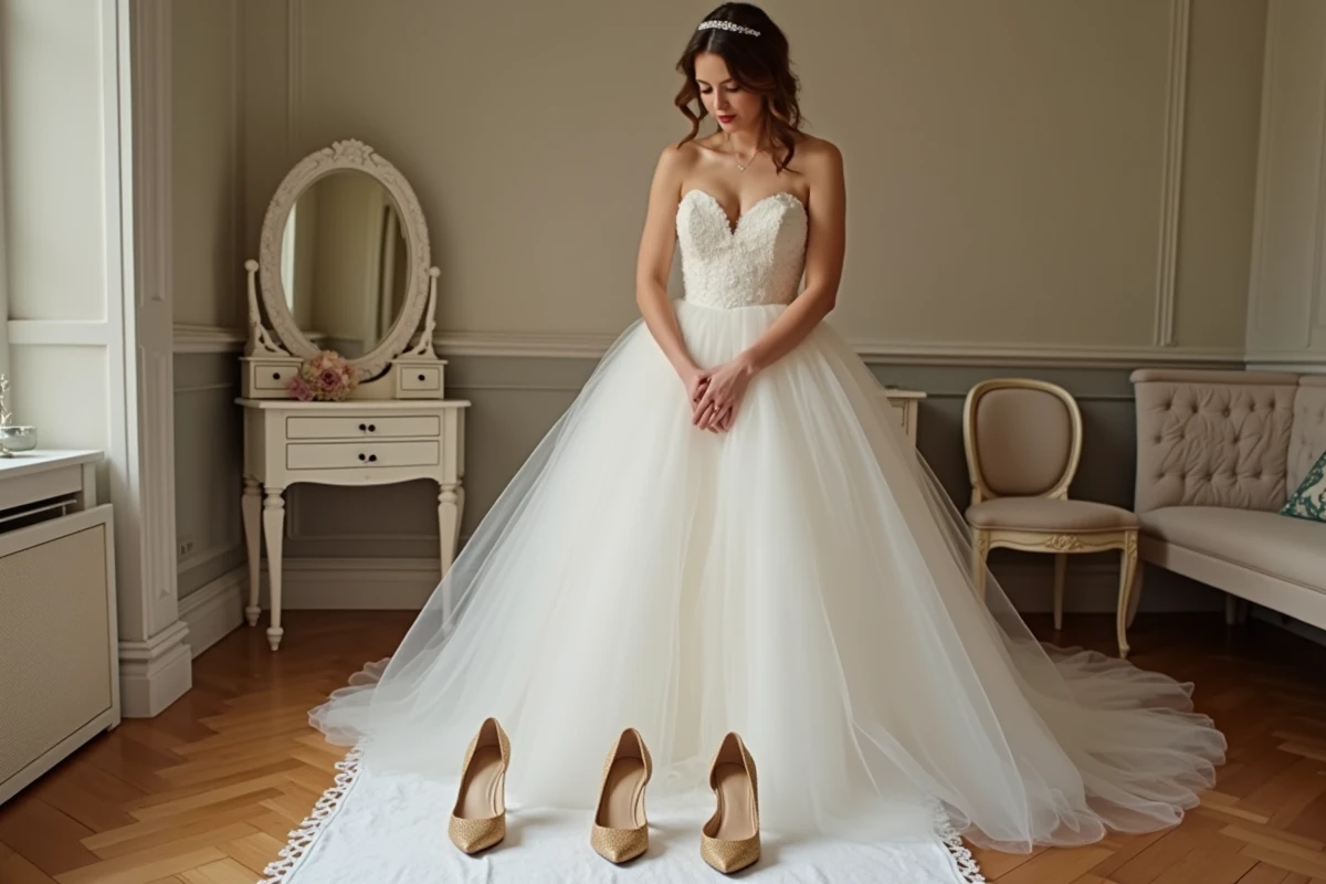 Petite mariée comparant des chaussures dorées à petit talon et à talon compensé bas dans une loge nuptiale