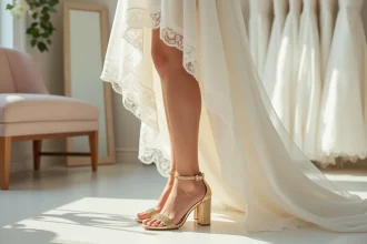 Mariée portant des escarpins dorés à talon bloc moyen dans une boutique de mariage élégante