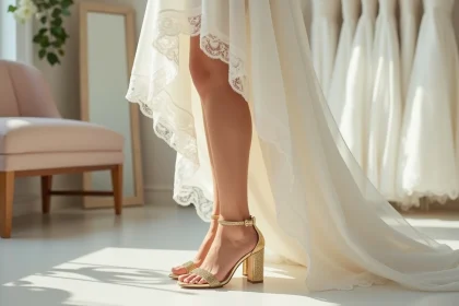 Mariée portant des escarpins dorés à talon bloc moyen dans une boutique de mariage élégante
