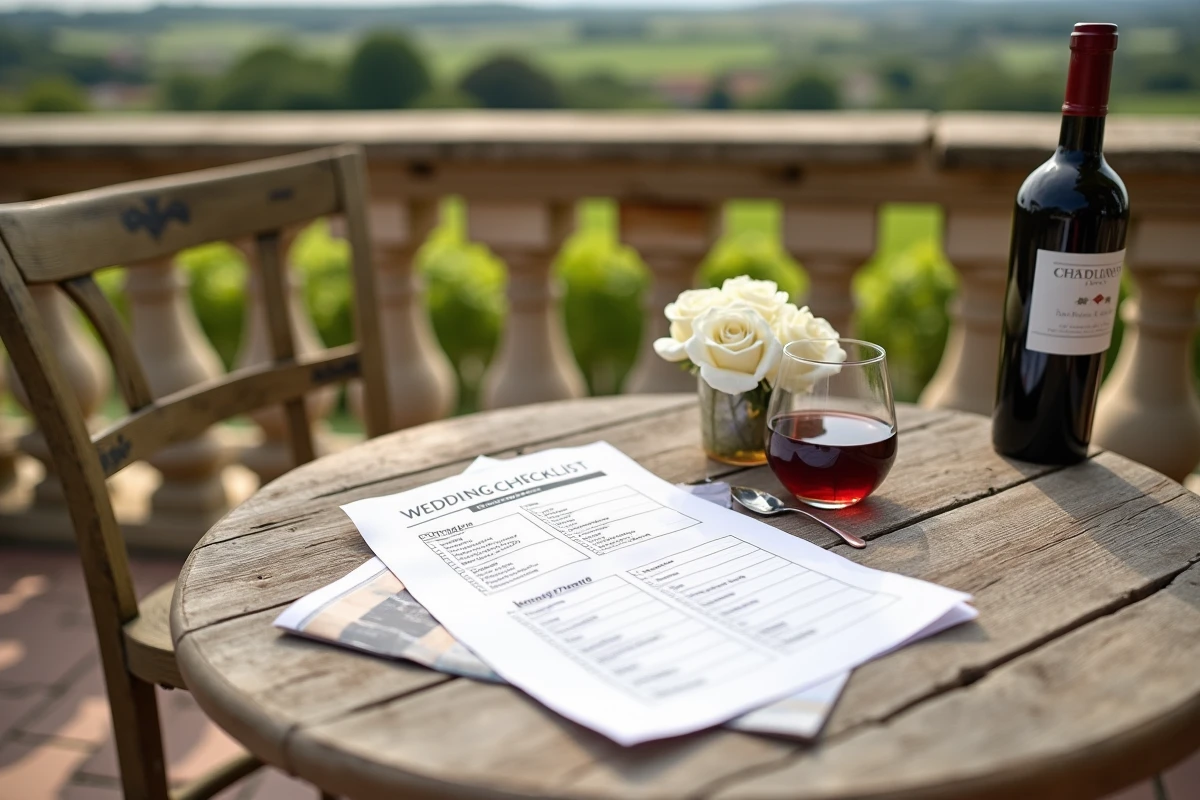 Check-list de mariage posée sur une table en bois sur la terrasse d'un domaine en Gironde avec un verre de vin et des roses blanches