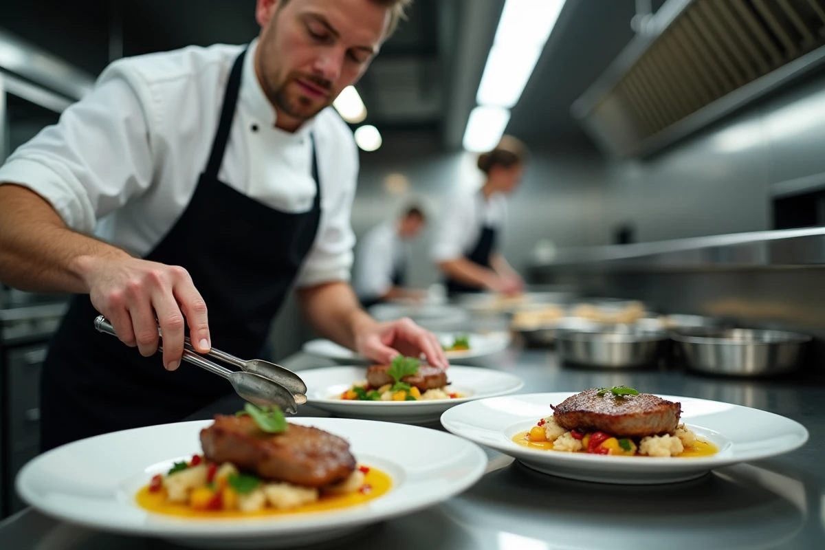 Chef traiteur préparant des assiettes individuelles pour un banquet de mariage en cuisine professionnelle