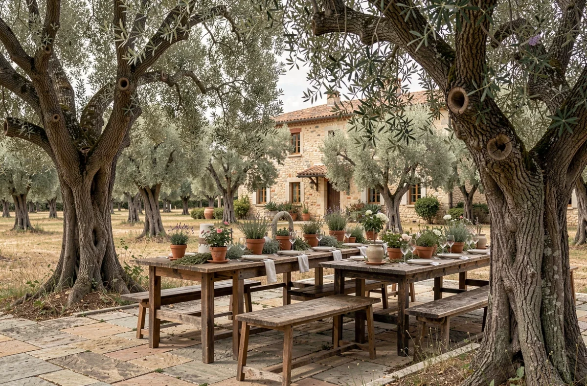 Le Clos des Oliviers en Provence, domaine de réception pour mariage entouré d'oliviers centenaires avec terrasse en pierre décorée