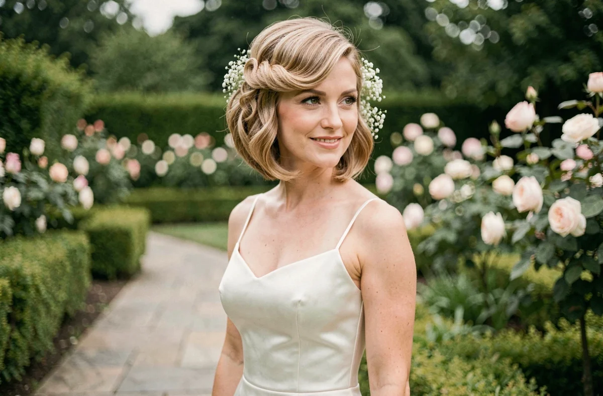 Mariée aux cheveux courts en bob stylisé avec des vagues volumineuses et des fleurs de gypsophile dans un jardin fleuri