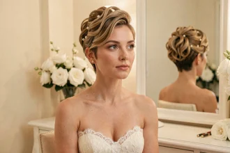Femme avec une coiffure de mariage sur cheveux courts en pixie cut volumisé, ornée d'épingles en perles, dans une suite nuptiale élégante