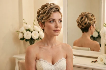 Femme avec une coiffure de mariage sur cheveux courts en pixie cut volumisé, ornée d'épingles en perles, dans une suite nuptiale élégante