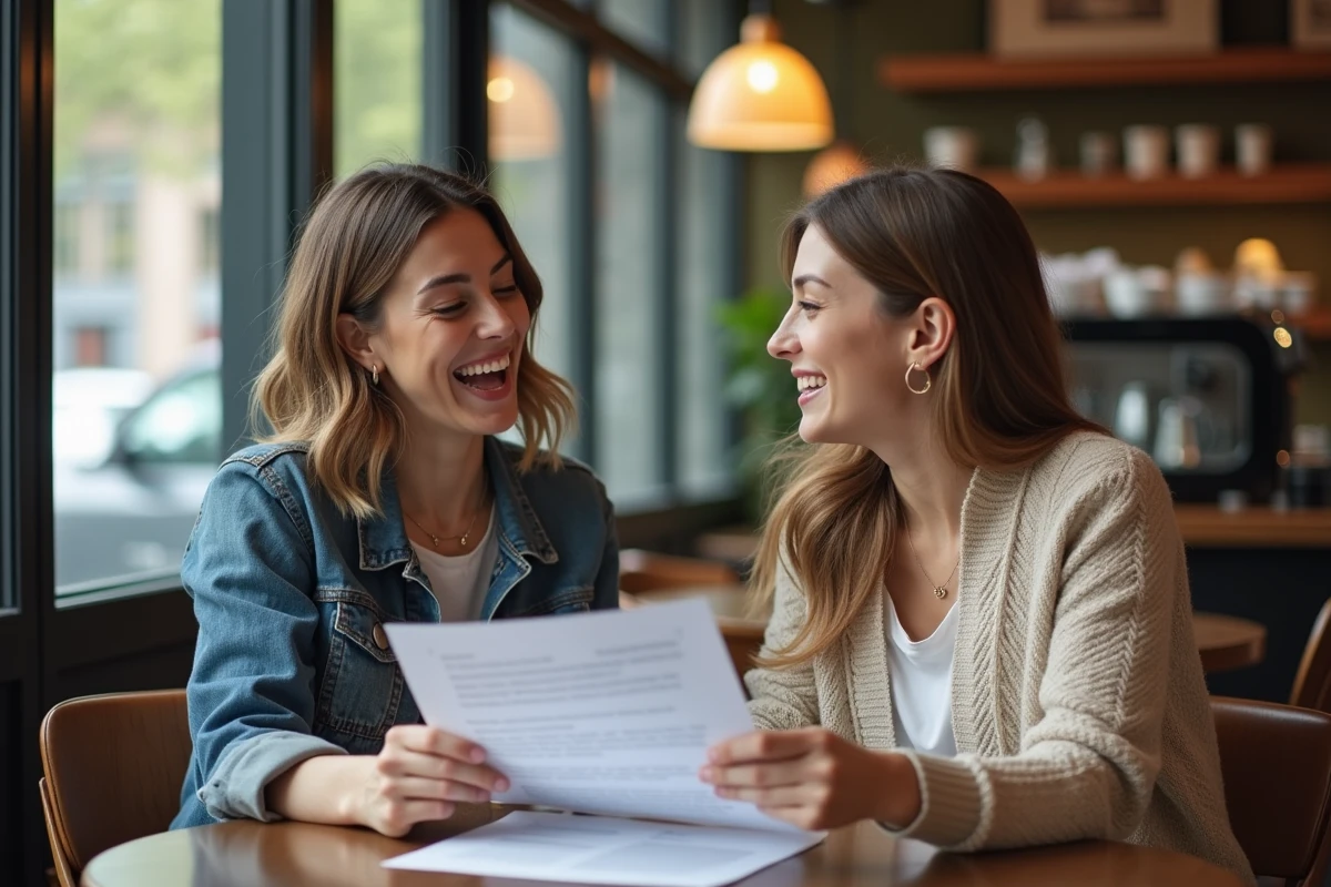 Deux amies dans un café qui collaborent pour adapter et personnaliser un discours humoristique ensemble