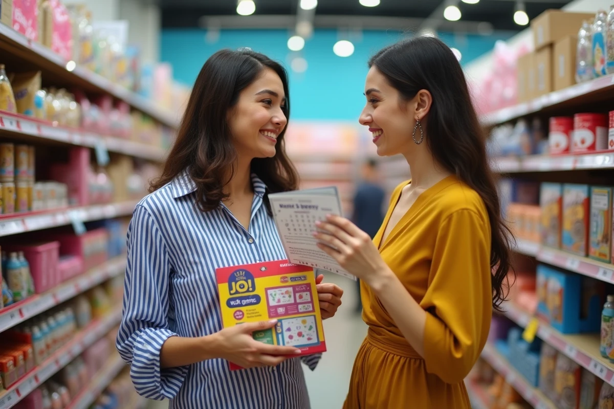 Deux femmes dans un magasin comparant un kit EVJF payant en boîte avec une fiche de jeu EVJF imprimée gratuitement
