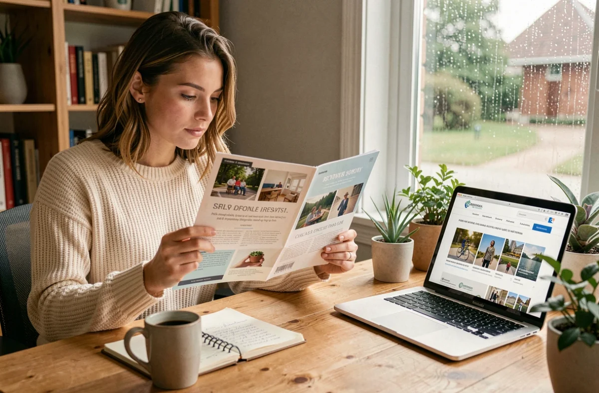 Femme comparant les prestations de photographes à Lanester sur un bureau à domicile