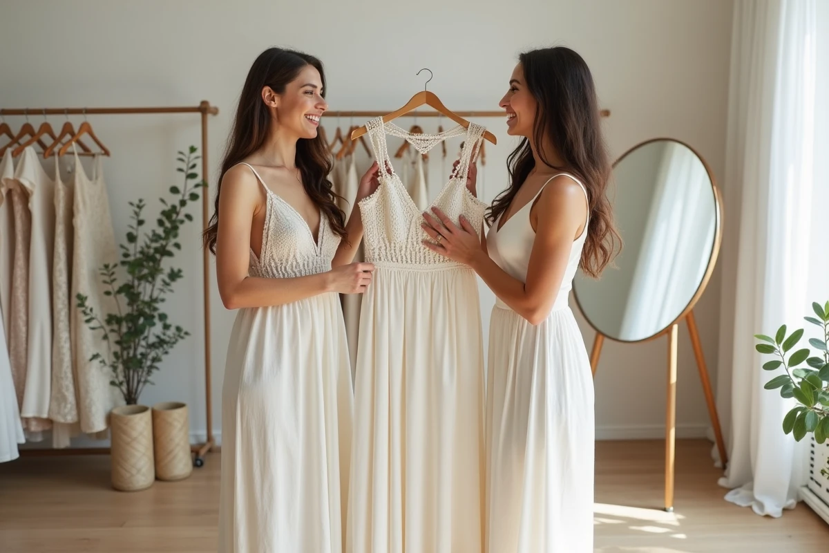 Deux femmes comparant une robe de mariée bohème et une robe chic dans une boutique de mariée minimaliste