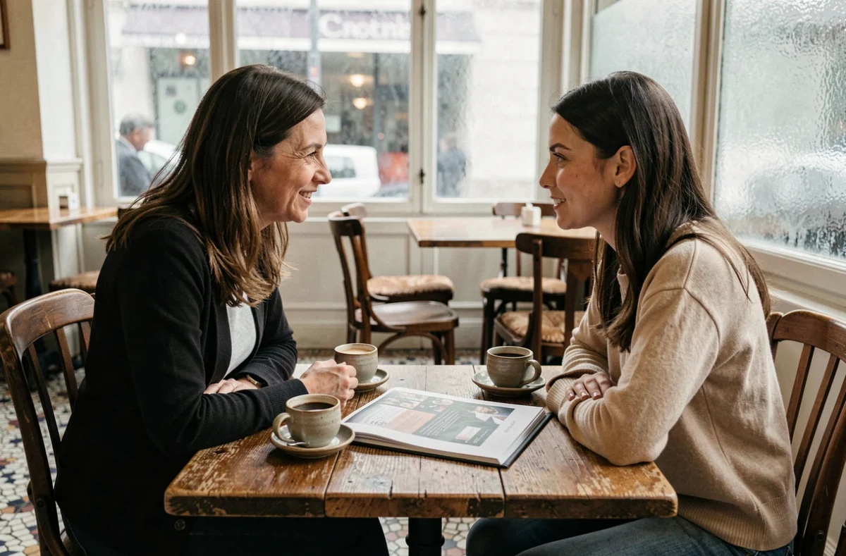 Photographe professionnelle en consultation avec une cliente dans un café français, discutant d'un portfolio photo ouvert sur la table