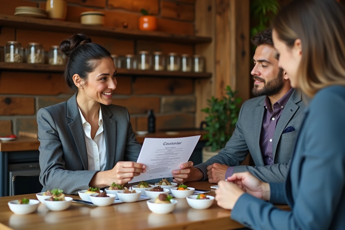 Couple de mariés consultant une traiteur pour discuter des tarifs et menus de mariage avec dégustation