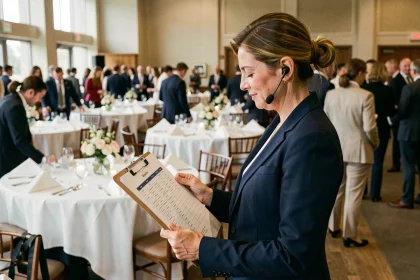 Coordinatrice d'événement vérifiant le planning minute par minute à l'entrée d'une salle de réception avec 100 invités en arrière-plan