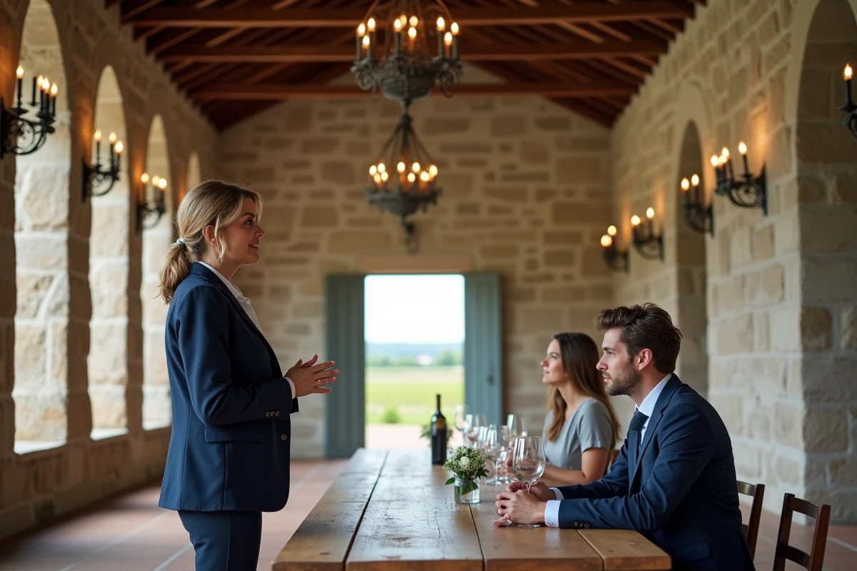 Coordinatrice de mariage présentant une salle de réception dans un domaine viticole bordelais à un couple de futurs mariés