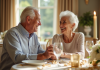 Couple agee souriant lors d'une anniversaire de mariage doré