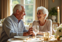 Couple agee souriant lors d'une anniversaire de mariage doré