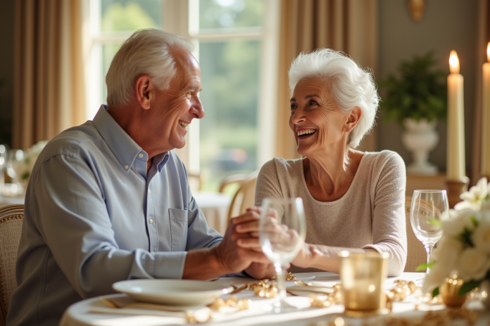 Couple agee souriant lors d'une anniversaire de mariage doré