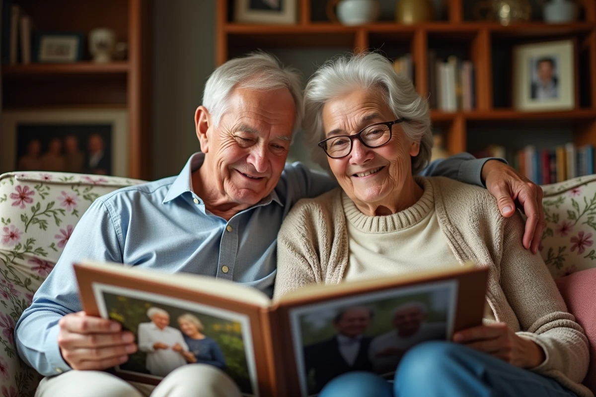 Vieux couple regardant album photo dans salon chaleureux